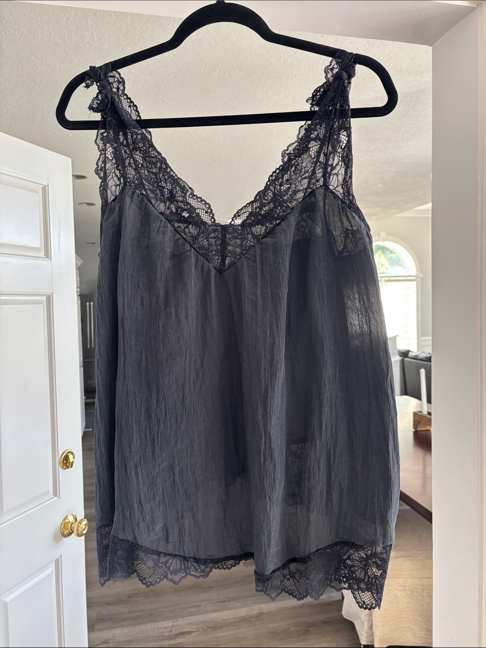 Free People Black Lace Trim Silk-Feel Cami Top M tied straps